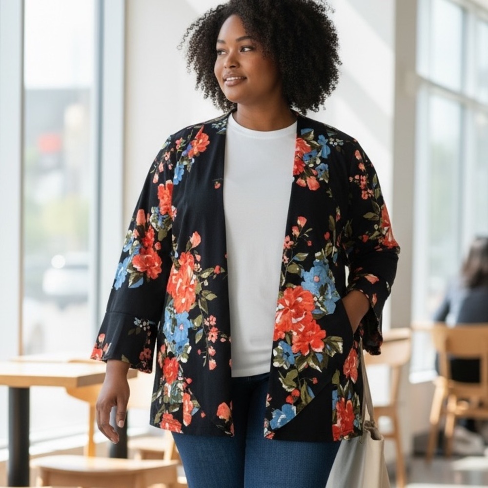 ROBIN ARTIZAN (1X) Floral Black Kimono Blazer Vibrant Lightweight Stretch NWT - Picture 10 of 10